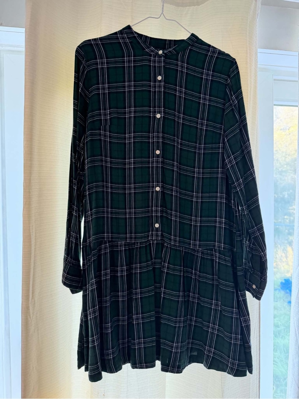 GAP Dark Green Plaid Flannel Button-Front Long Sleeve Dress